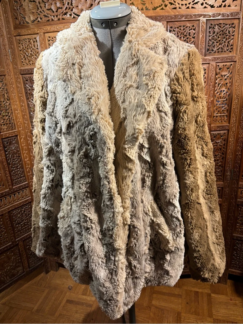 Ivy Jane Plush Faux Fur Open-Front Coat in Taupe